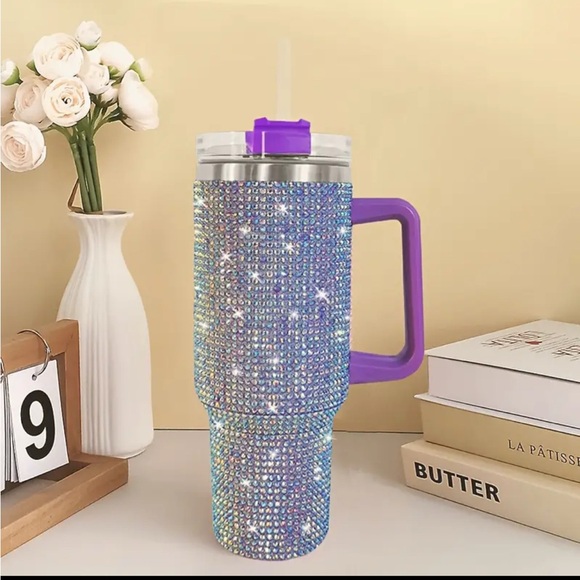 Sparkling Rhinestone Tumbler with Purple Handle 40 oz - Picture 2 of 2
